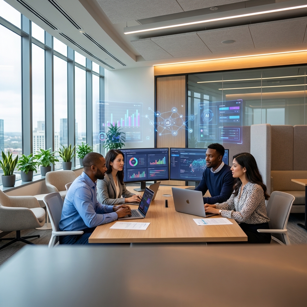 Professional business team collaborating with AI technology